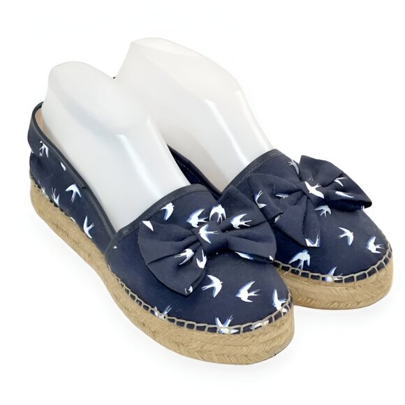Kate Spade Navy Blue White Birds Canvas Leather Espadrilles Loafers Sandals 8 - Picture 2 of 10
